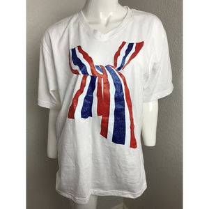 Blue Red Ribbon White V Neck T Shirt Size Large Patriotic Short sleeve